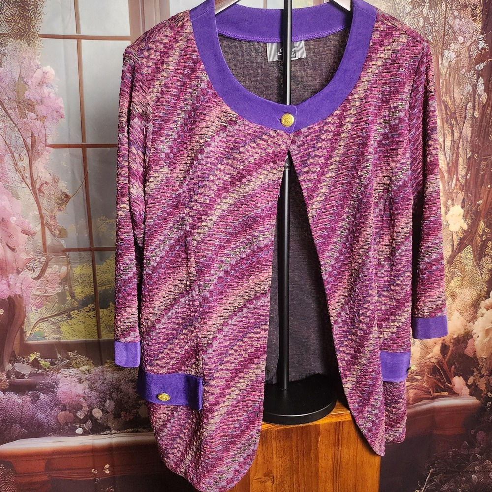 90s Slinky Brand single button cardigan, multi-tonal pink and purple